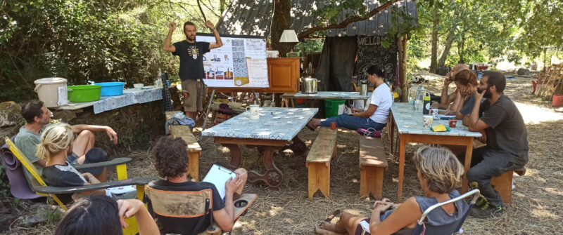 Rob teaching a theory lesson at a Natural Building Workshop in Portugal